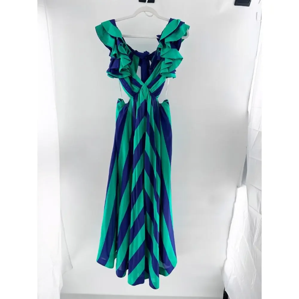 Zimmermann Tiggy Silk Striped Frill Shoulder A-Line Maxi Dress Green Blue 1 / S - Picture 3 of 6